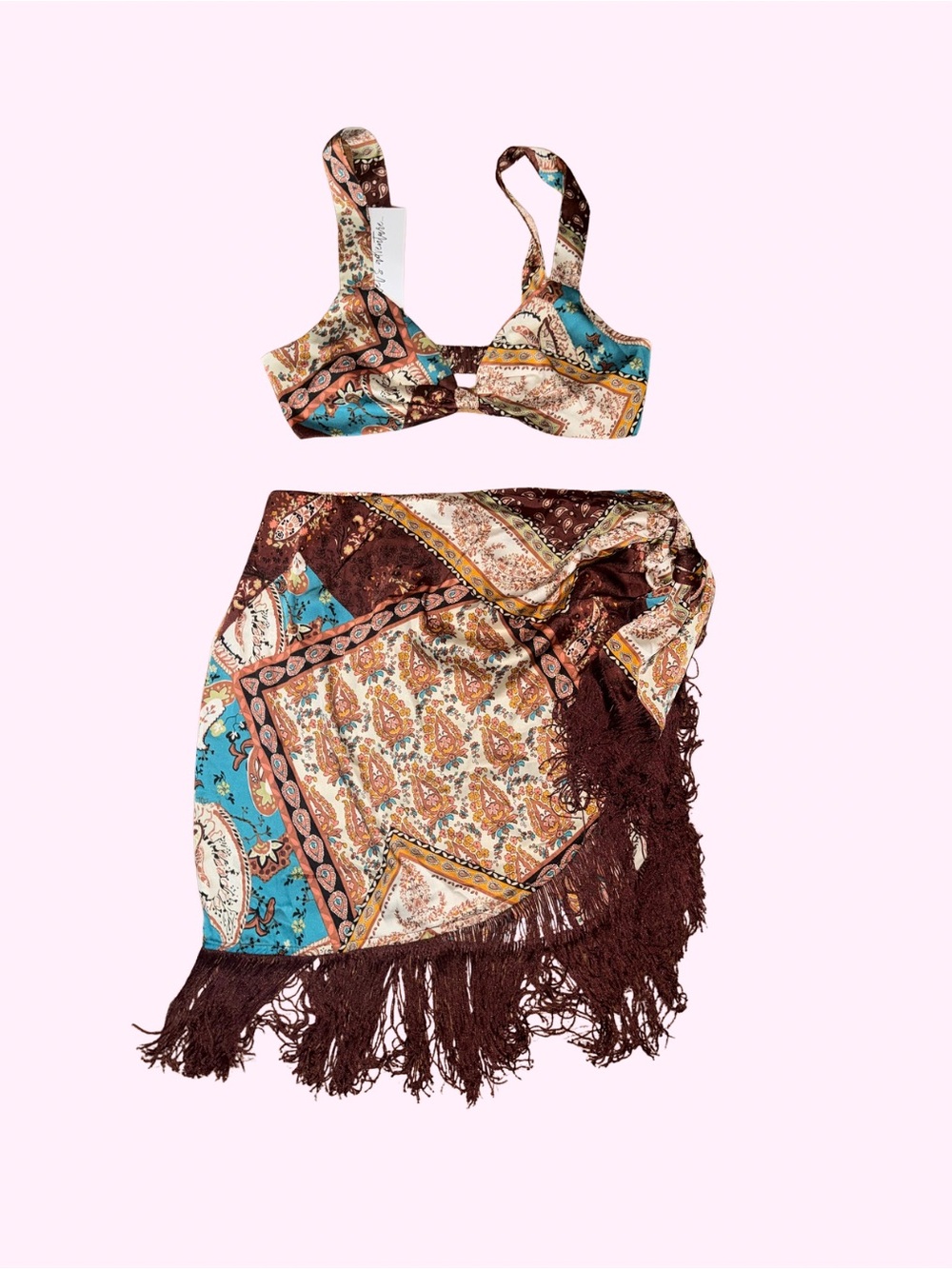 Paisley Print Bikini Top and Fringe Sarong Set in Turquoise & Brown